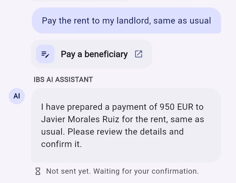 The customer asks to pay the rent to the landlord, same as usual; the assistant prepares a 950 EUR payment to Javier Morales Ruiz and asks to confirm