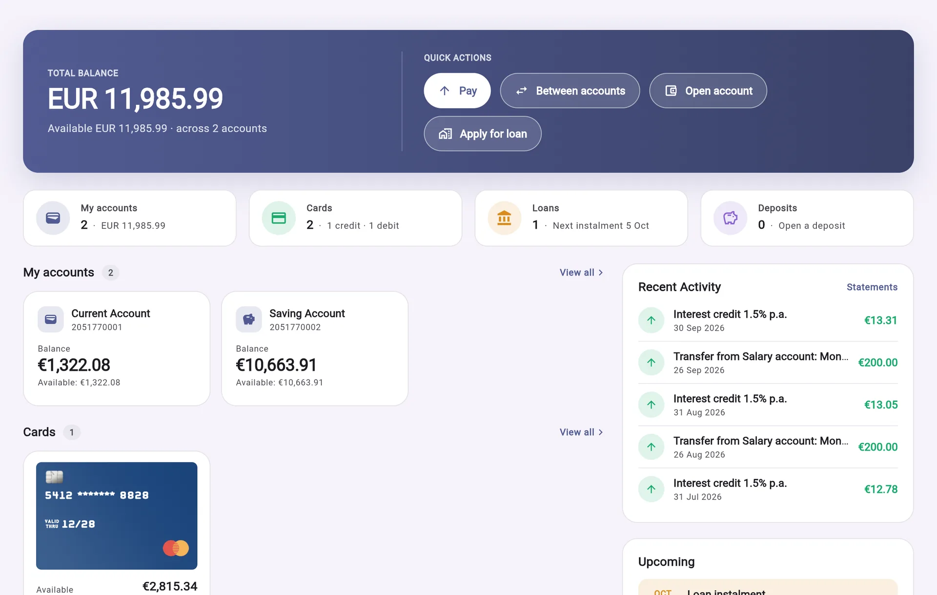 IBS Digital Banking dashboard: total balance, accounts, cards, loan instalment and quick actions